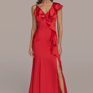 Donna Karan New York Satin Sleeveless Asymettric Ruffle Gown